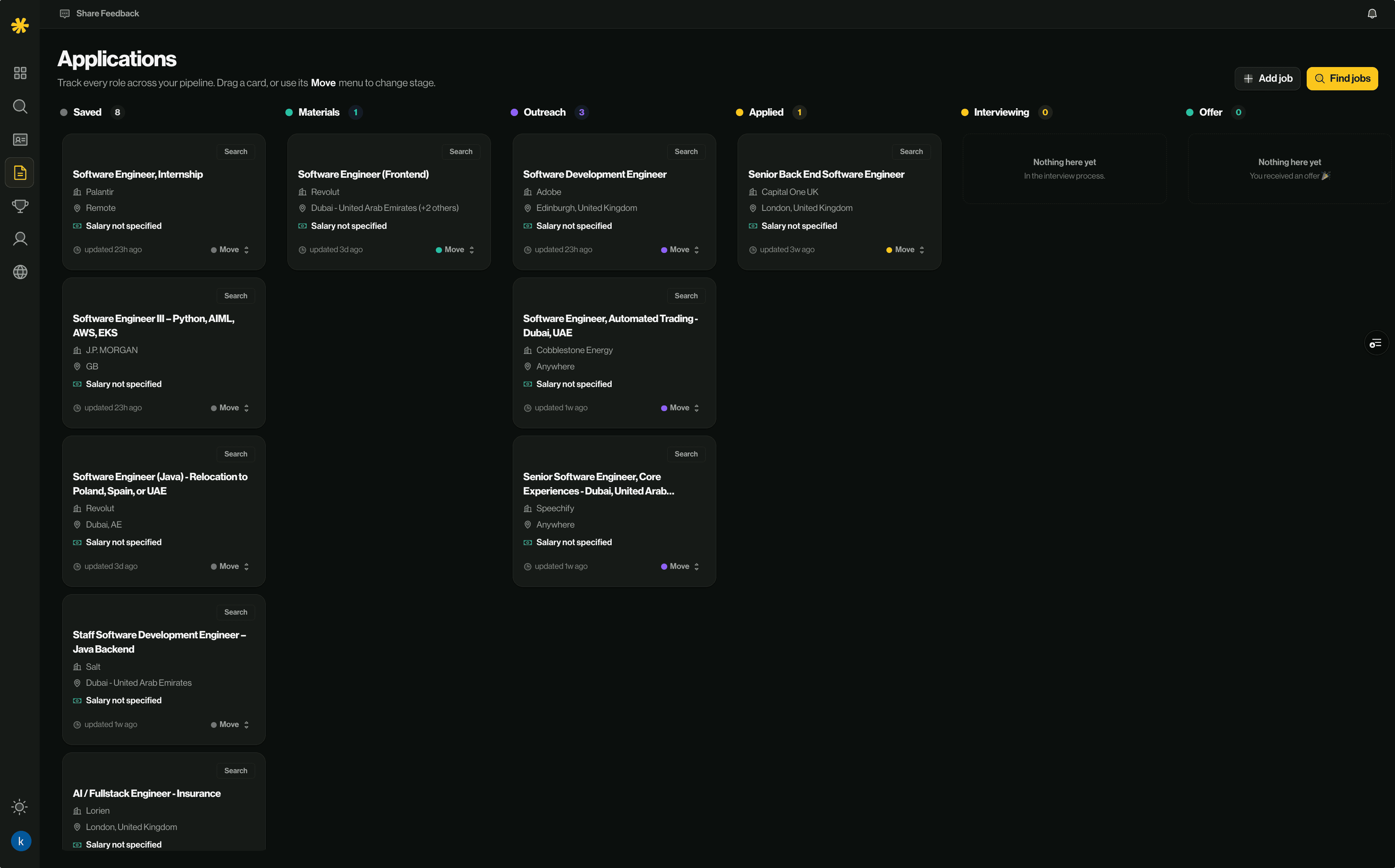 GYST Kanban board tracking applications across pipeline stages from Saved to Offer.