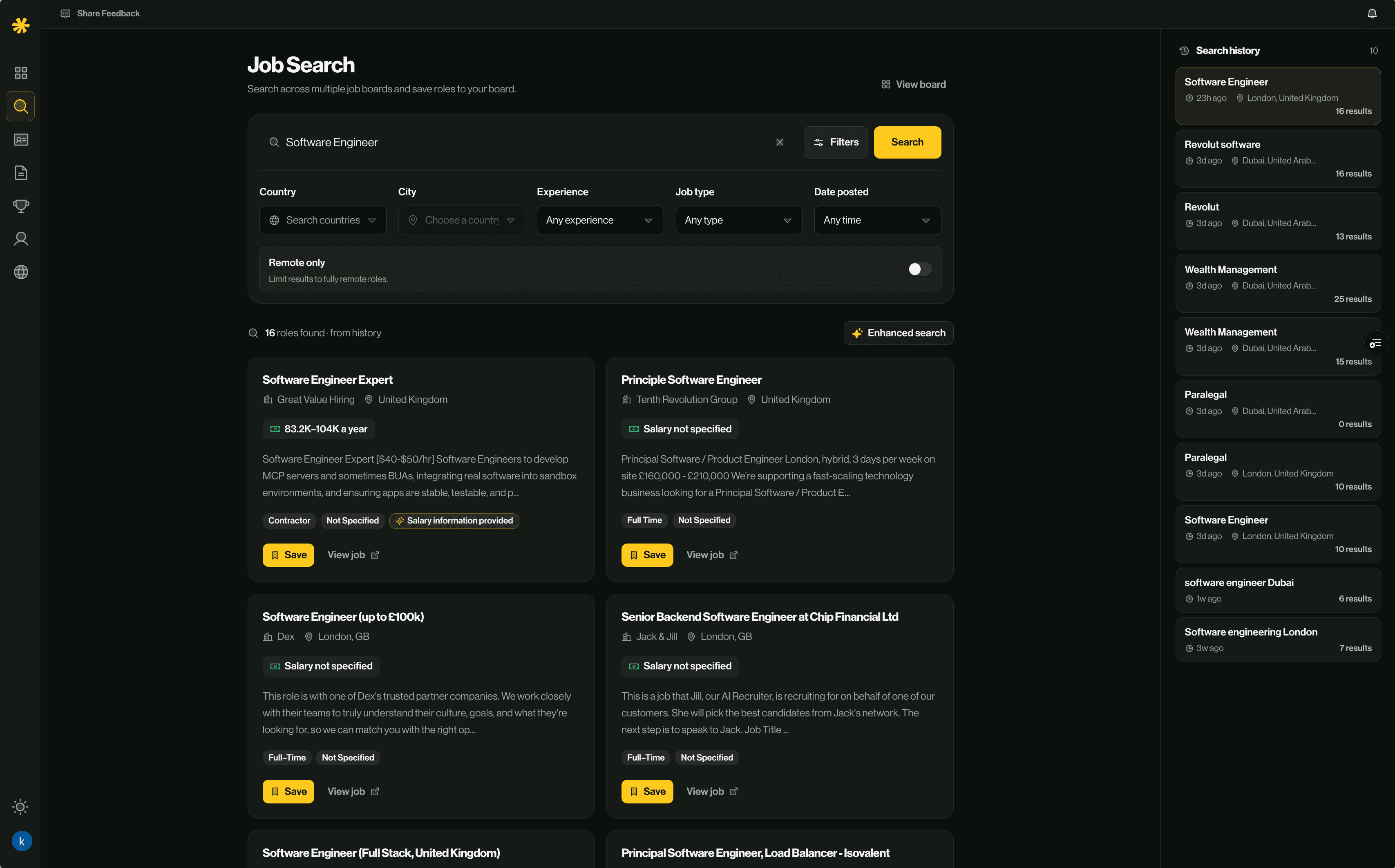 GYST job search — one search across multiple job boards, with filters and a saved search history.