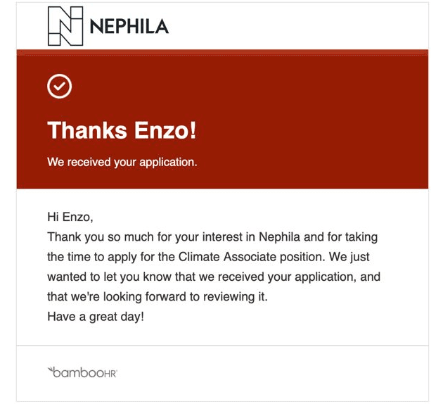 Nephila application-received confirmation email: 'Thanks Enzo! We received your application' for the Climate Associate position.