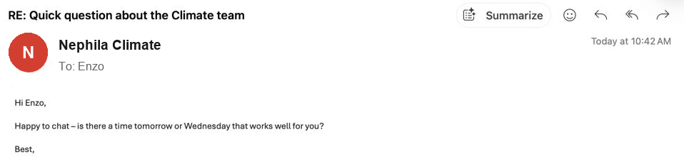 Recruiter reply from Nephila Climate: 'Happy to chat — is there a time tomorrow or Wednesday that works well for you?'